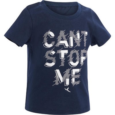 Playera 500 de manga corta gimnasia infantil estampado azul marino DOMYOS